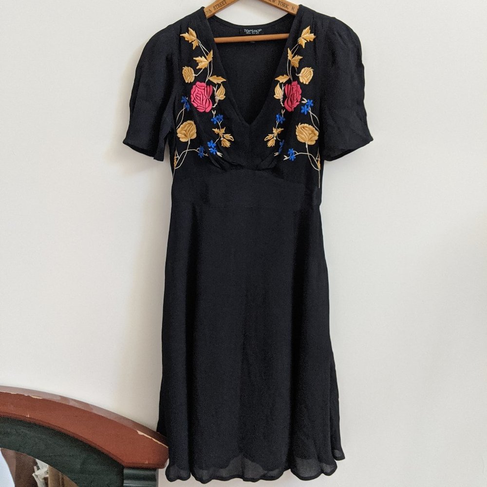 Topshop Black Midi Dress with Floral Embroideries
